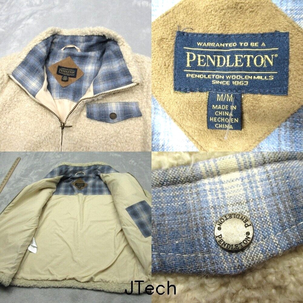 Pendleton Jacket Womens Medium Cream Wool Blend Fuzzy Sherpa Fleece Plaid Teddy